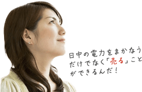 「日中の電力をまかなうだけでなく「売る」ことができるんだ！」と笑顔を見せる女性