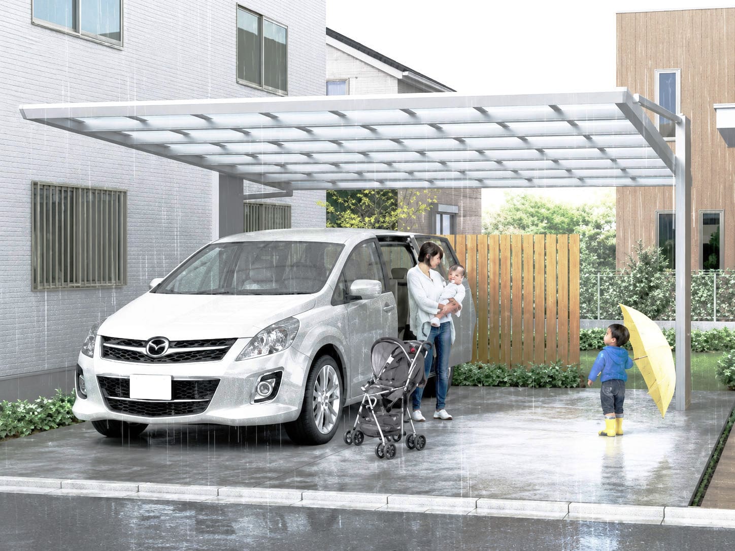雨の日に車から降りる親子とカーポート